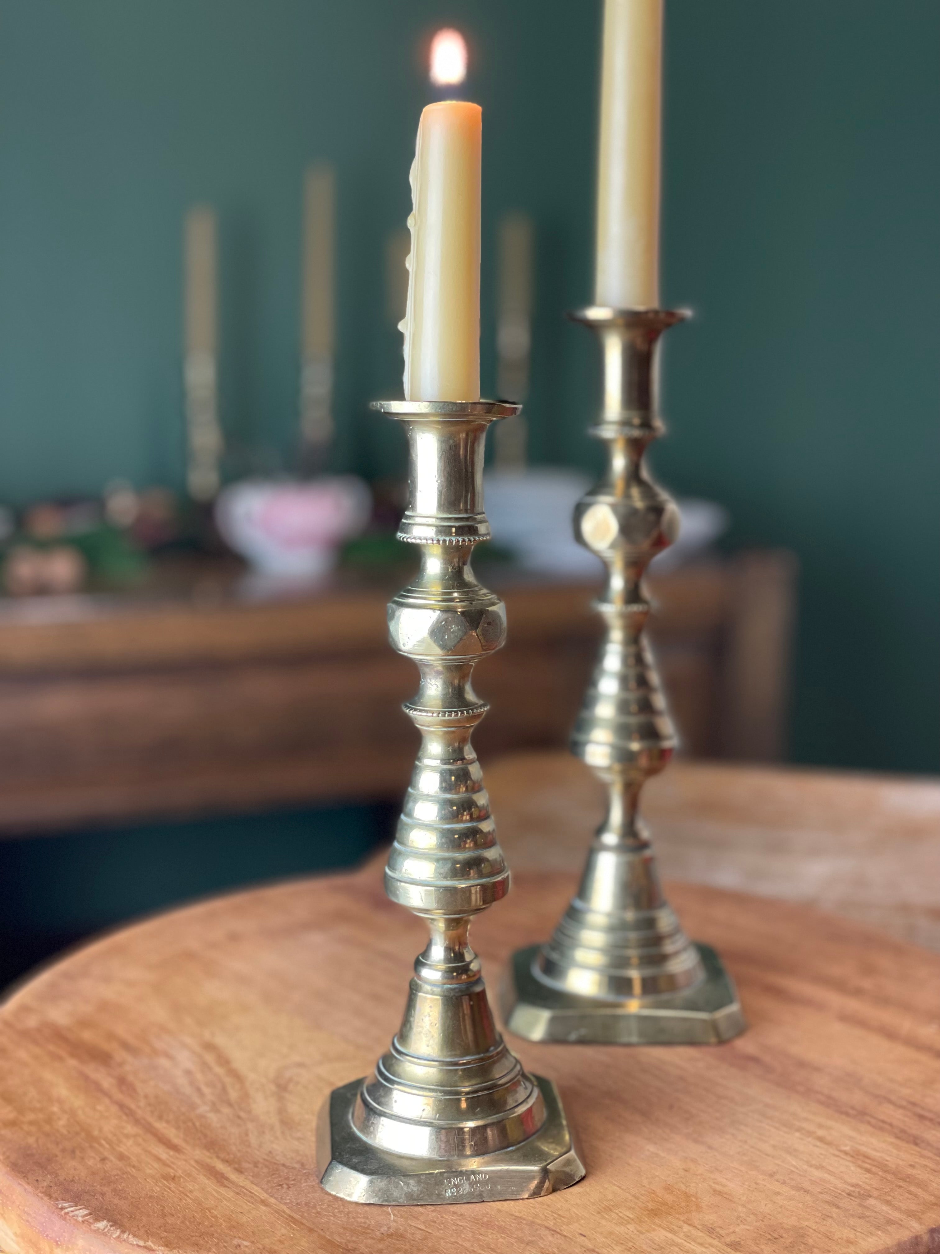 English Antique Victorian Brass Candlestick Holder Pair 9
