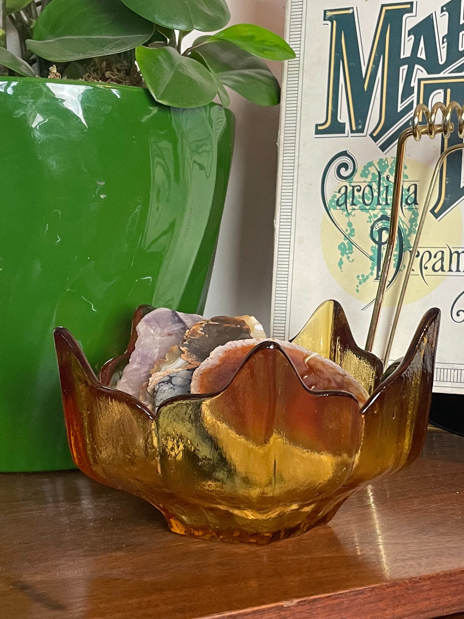 Crystal Glass Lotus Decorative Bowl With Stand Amber