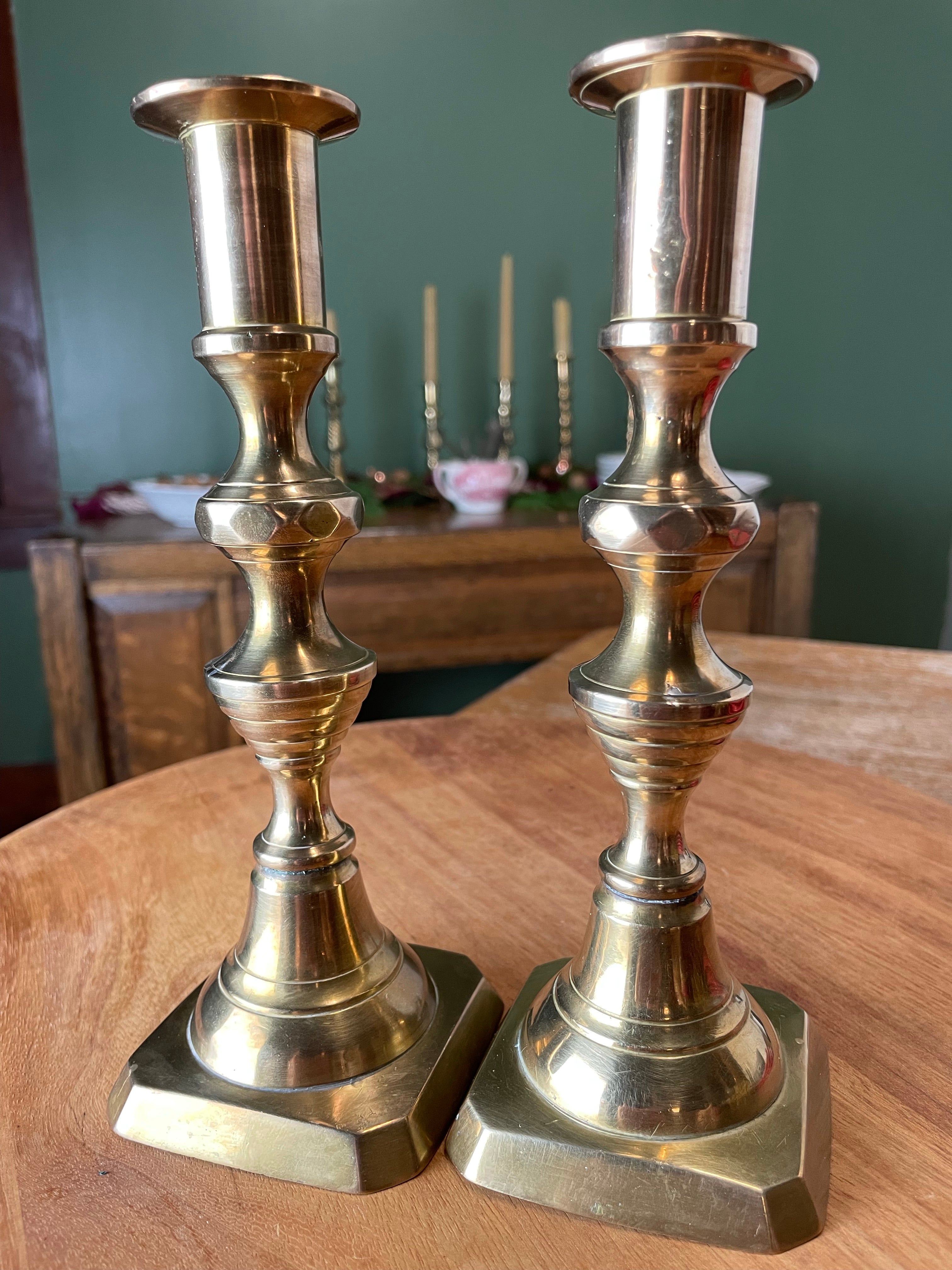 English Brass Candlestick With Push up Rods , Antique 19th Century