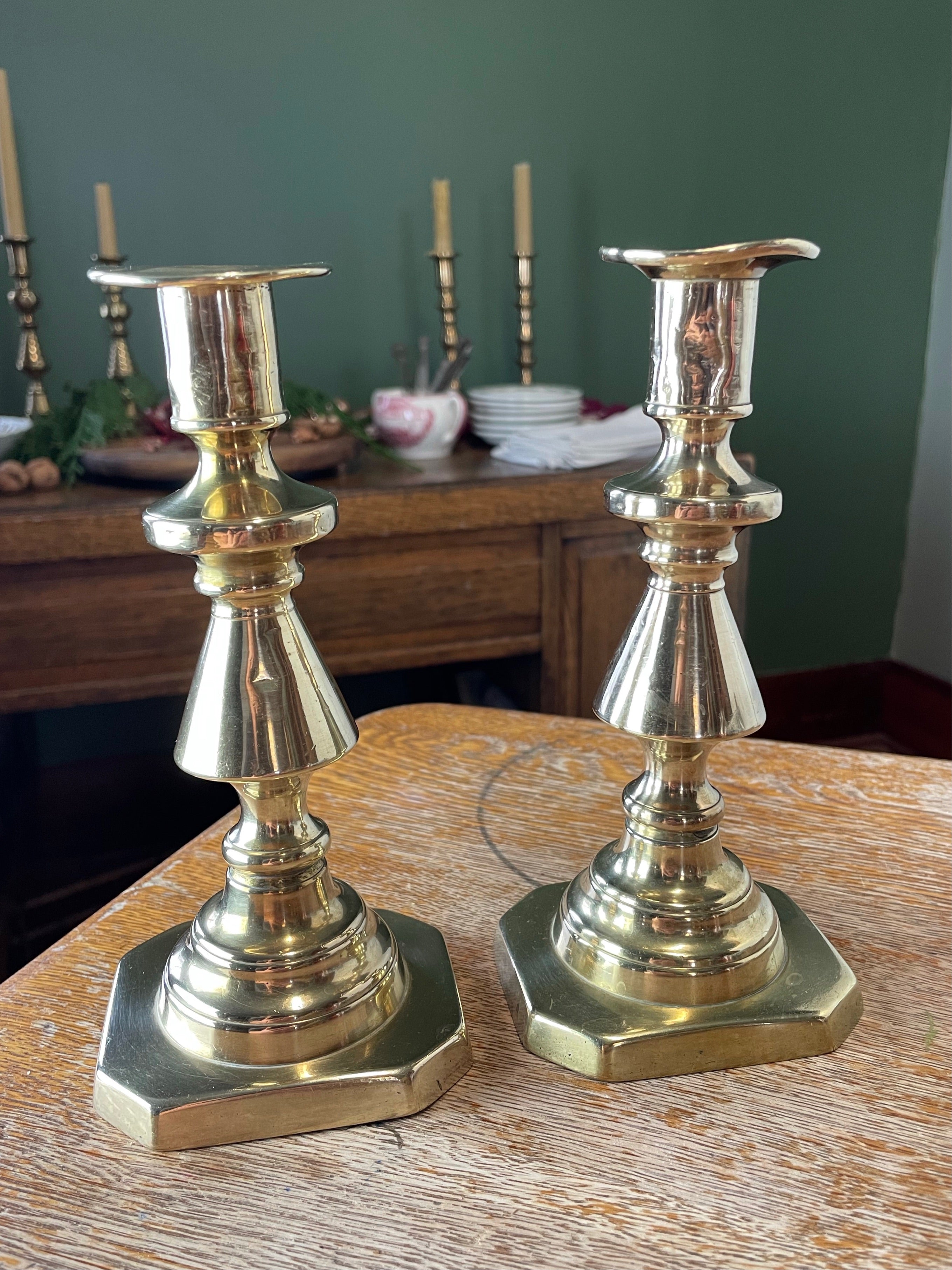 19th Century Antique English Brass Candlestick Set - Farmers